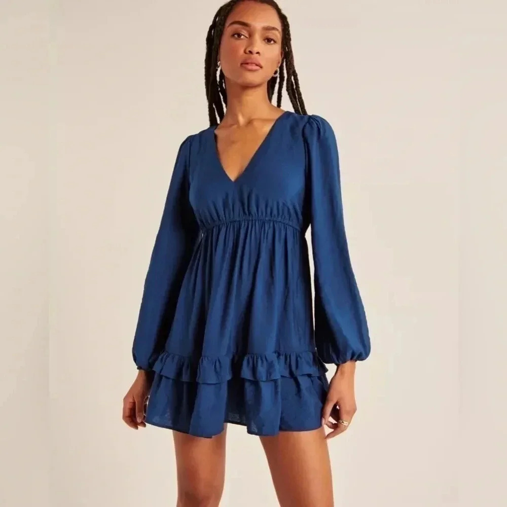 NWT - Abercrombie & Fitch Long-Sleeve Babydoll Ruffle Mini Dress - Size XXS